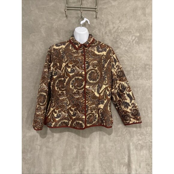Silk‎ Land  Women Sz PL JacketCreamy/Brown  Floral Paisley Pleated Quilt Lined - Picture 1 of 15